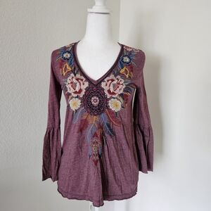 Johnny Was Darielle Embroidered Bell Sleeve Top XS Plum
